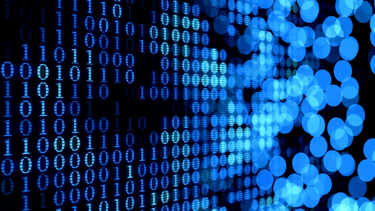 Digital blue background, numbers 0 and 1 machine code blinking abstract computer