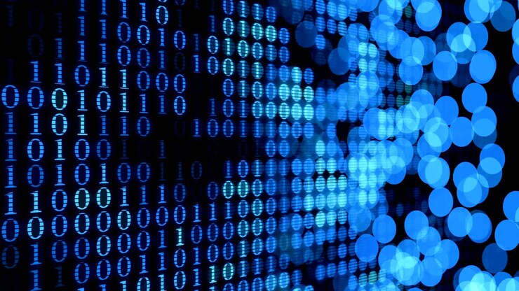 Digital blue background, numbers 0 and 1 machine code blinking abstract computer
