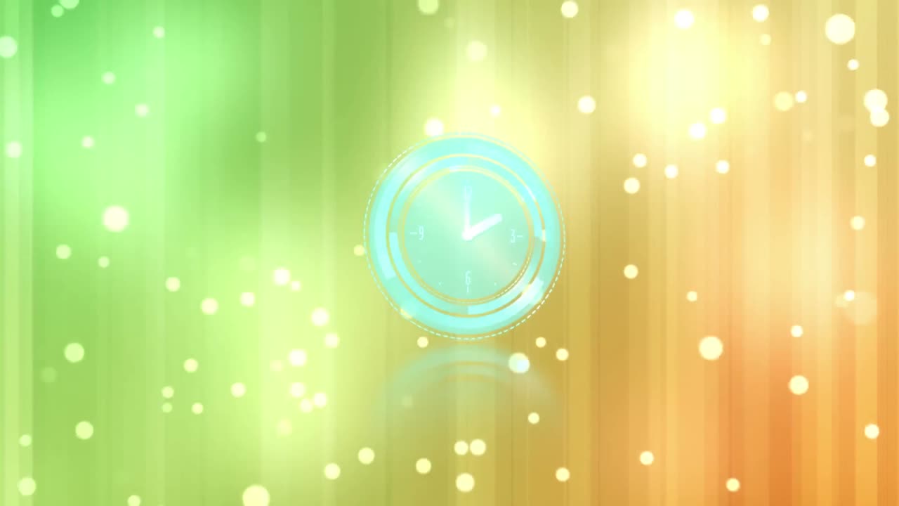 녹색과 노란색 그라데이션 줄무 ⁇  배경에 네온 디지털 시계 틱과  ⁇  반점이 있습니다.