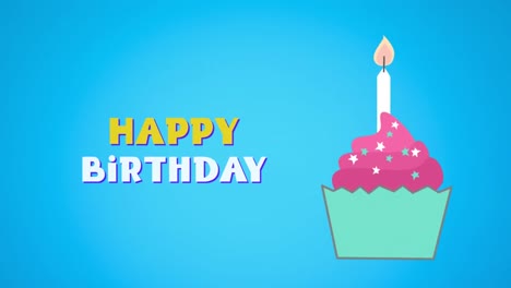 animación del texto de feliz cumpleaños y la vela de cumpleaños en cupcake sobre fondo azul
