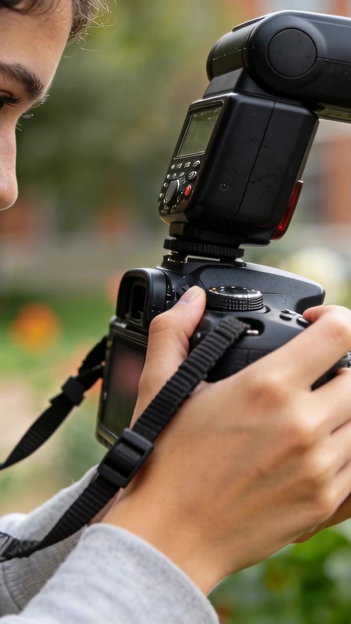 Video vertical: Estudiante con camiseta gris ajustando los diales de una cámara DSLR en un parque, preparando una toma con flash.