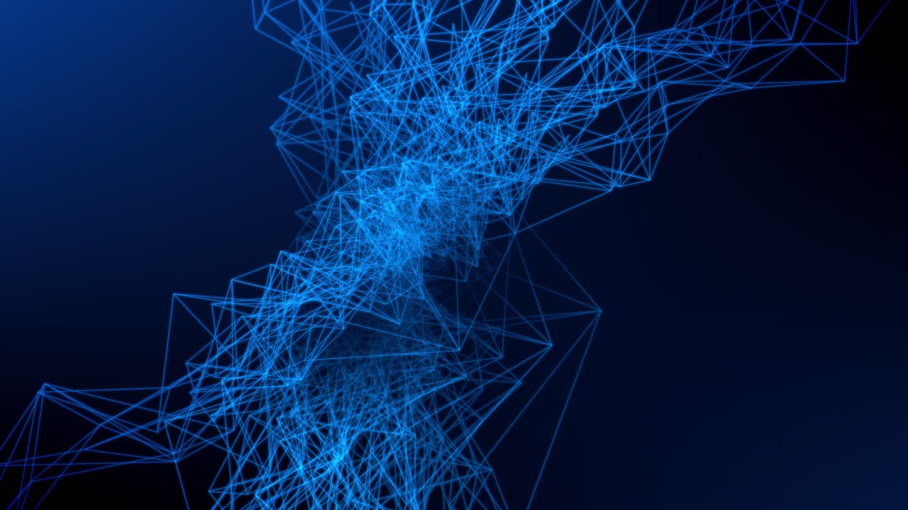 Blue line cloud in space connecting and forming an integrated complex and abstract moving mesh
