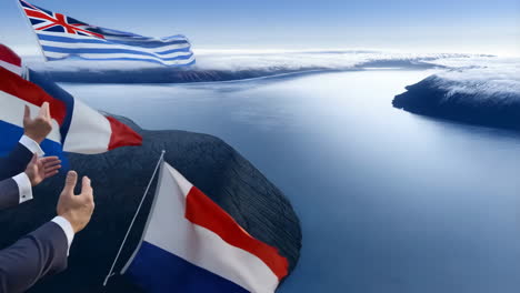 flags over a mountain lake