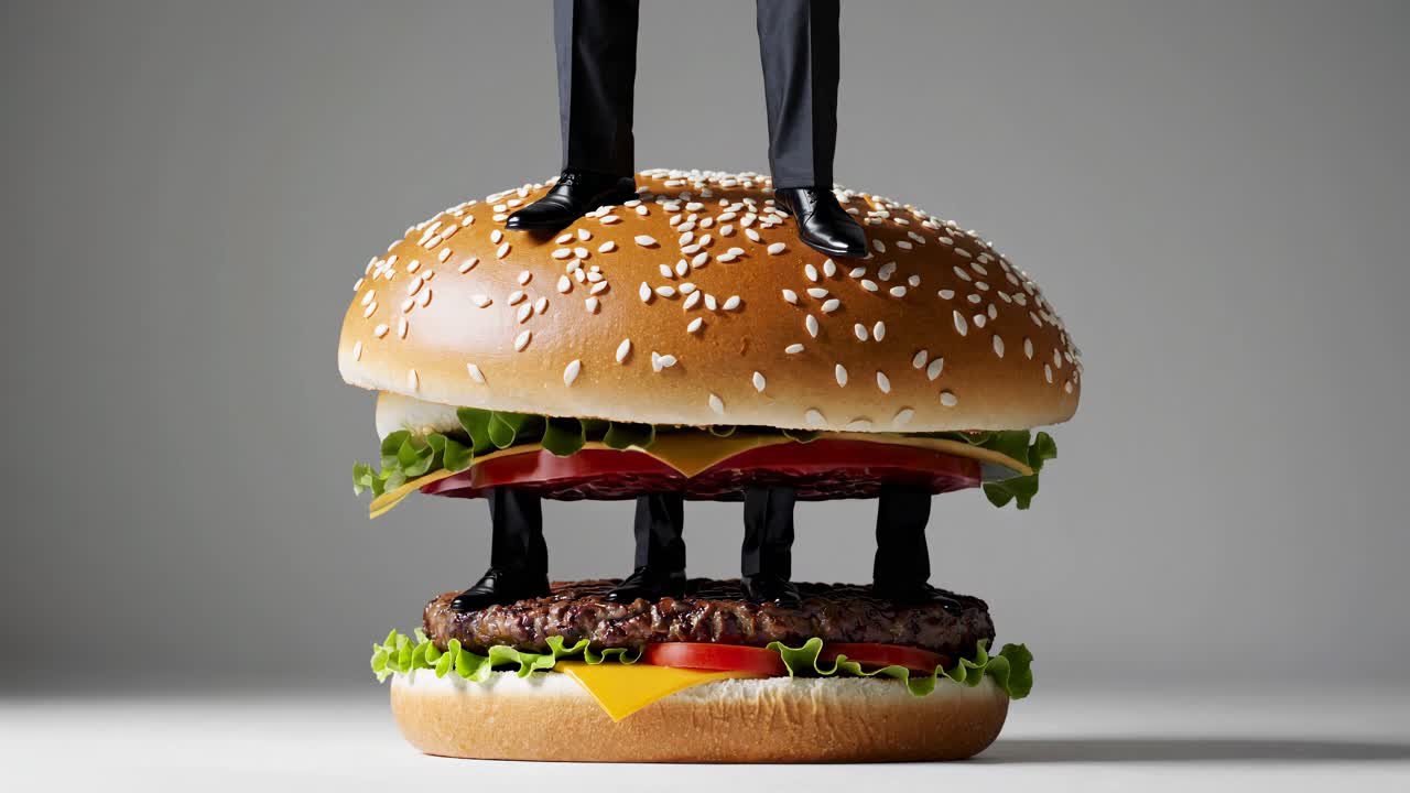hombres de negocios en una hamburguesa gigante