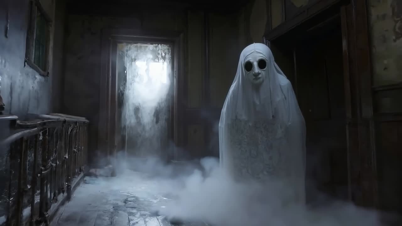 A ghostly figure in a dark room with smoke coming out of the door