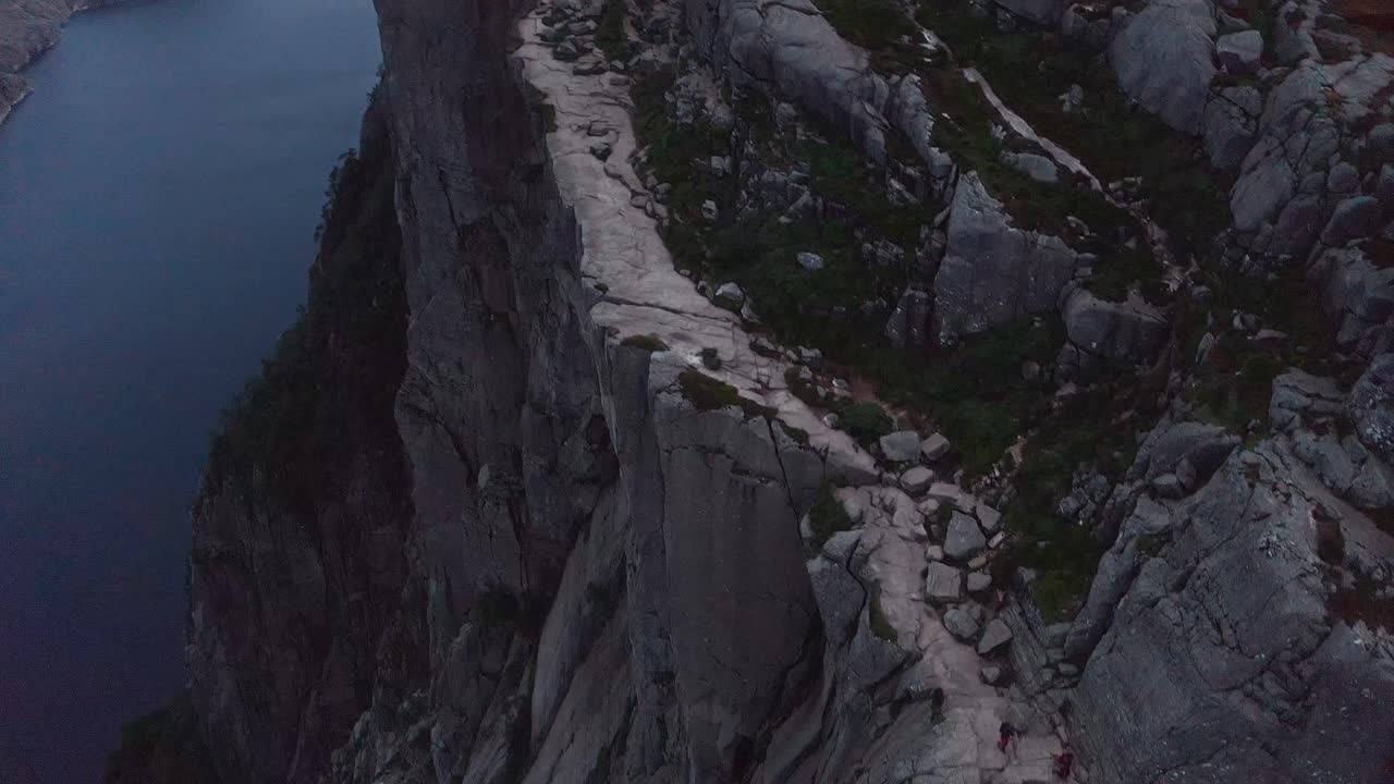 Narrow cliff trail leading along a mountain with a view of blue water in Norway