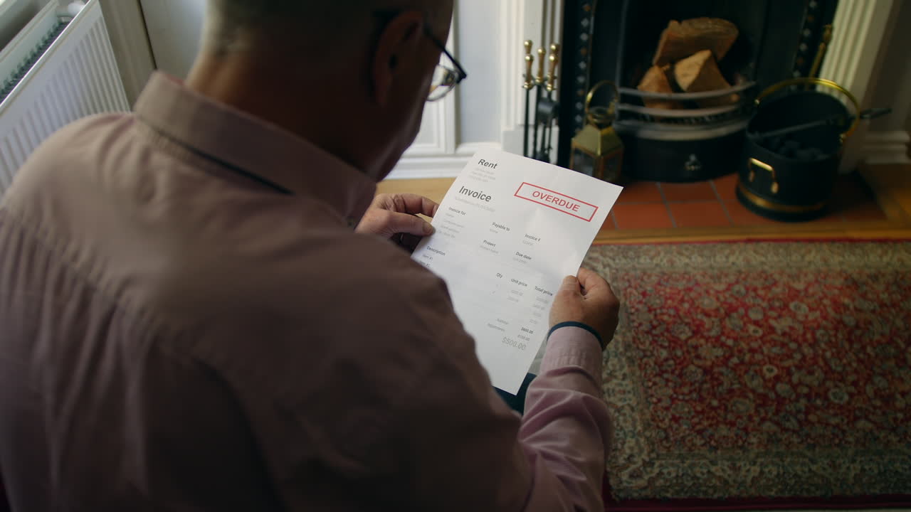 un anciano solitario abriendo una carta de deuda