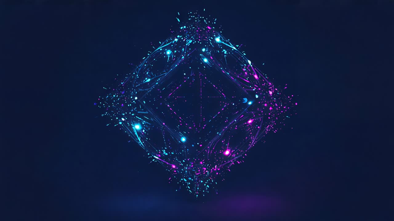 Particelle fluttuanti che delineano forme di diamanti al neon pulsanti nel vuoto digitale con scie di scintille