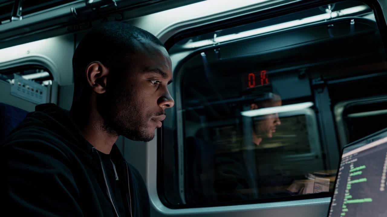 A young man is focused intently on his laptop as he rides the late-night train through the bustling urban cityscape