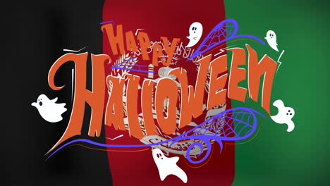 halloween animation with ghosts and spider webs on colorful background