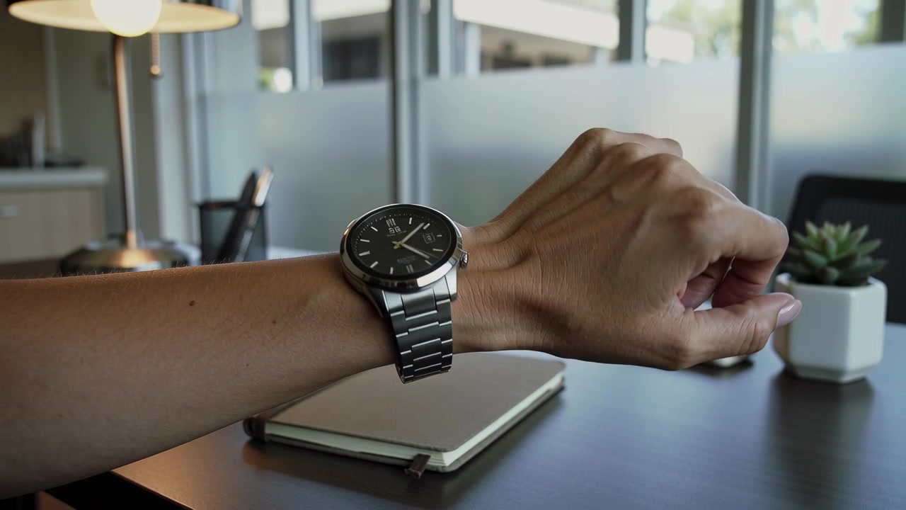 Tapping finger, forearm with metal watch rotating, checking time and adjusting band above notebook