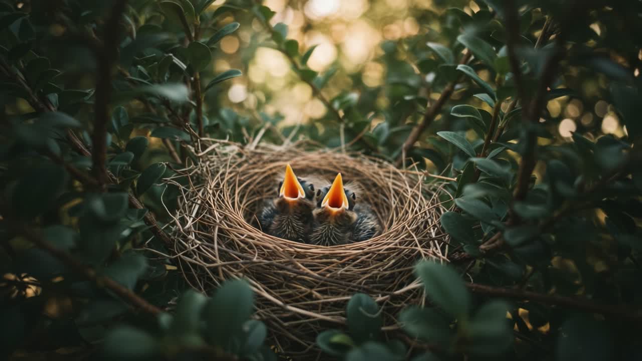 A Heartwarming Moment in Nature: Baby Birds in a Nest Awaiting Their Parent's Return with Open Beaks, Surrounded by Lush Greenery and Natural Beauty