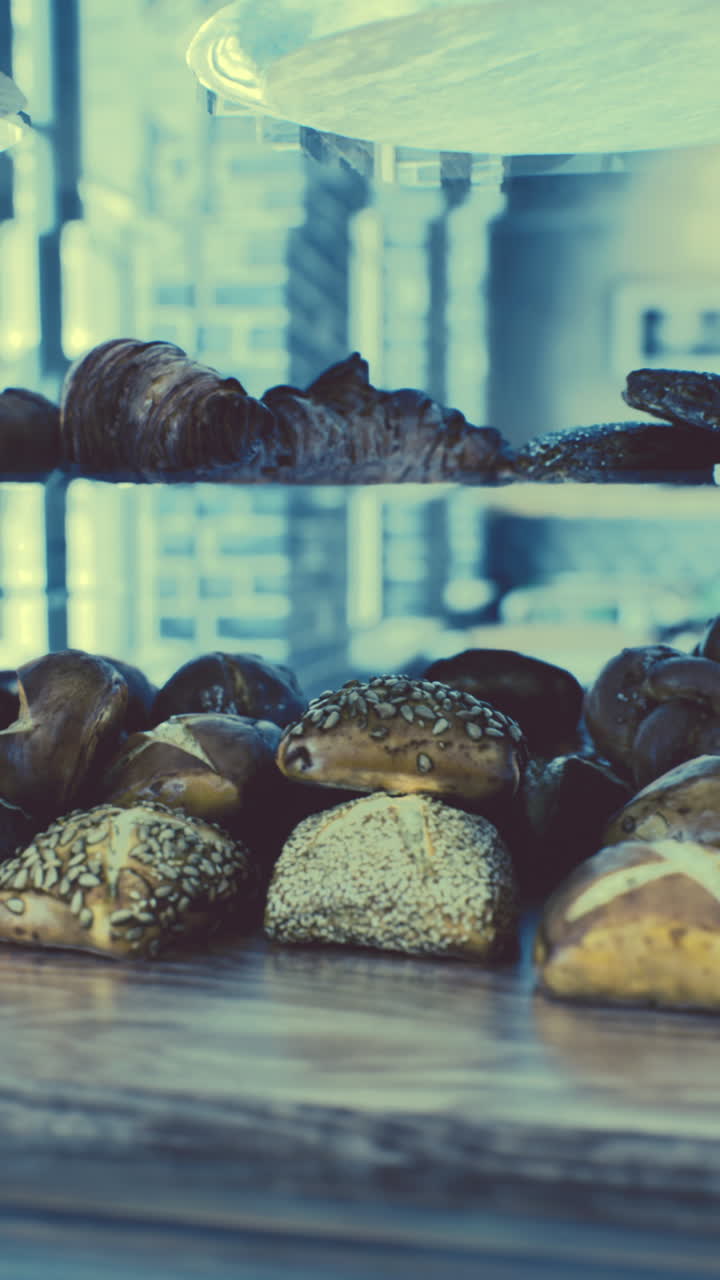 베이커리 디스플레이 케이스 에 있는 신선 한  과 페이스트리 의 클로즈업