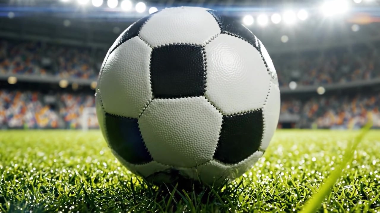 Lähikuva klassisesta mustavalkoisesta jalkapallosta rehevällä vihreällä kentällä eloisalla stadionilla, vangiten pelin ytimen.