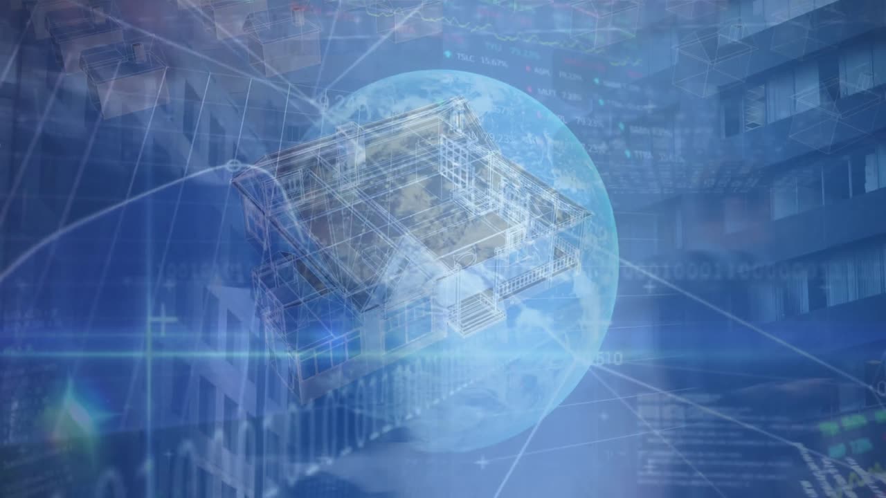 금융 데이터 처리의 애니메이션과 세계 상의 사업가들이  ⁇ 고 있습니다.