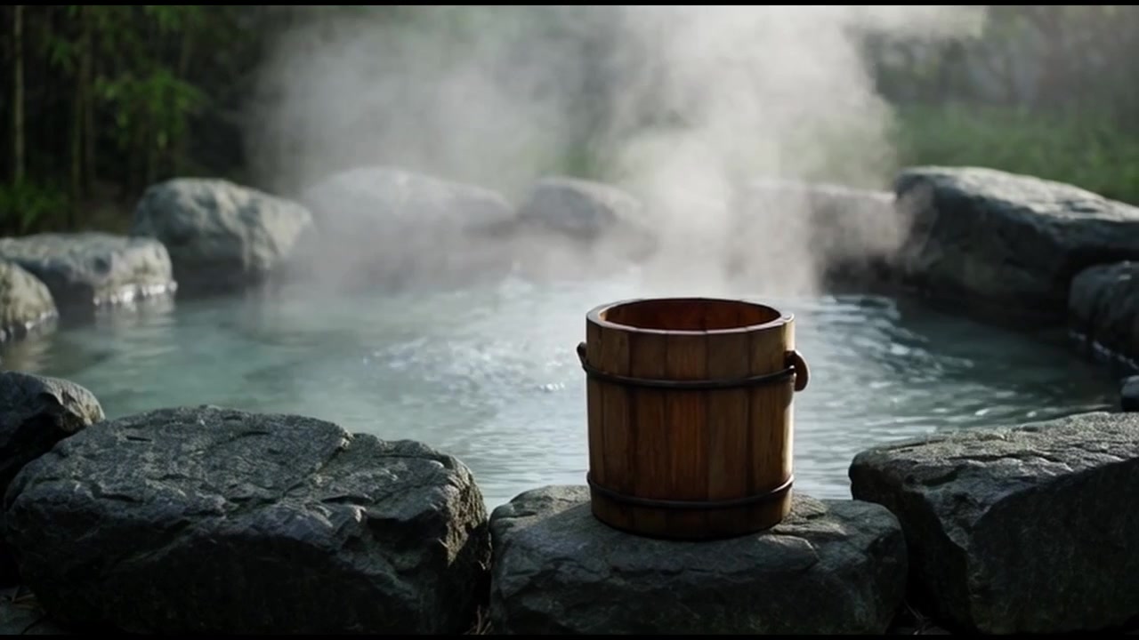 Ångande onsen med träskopa