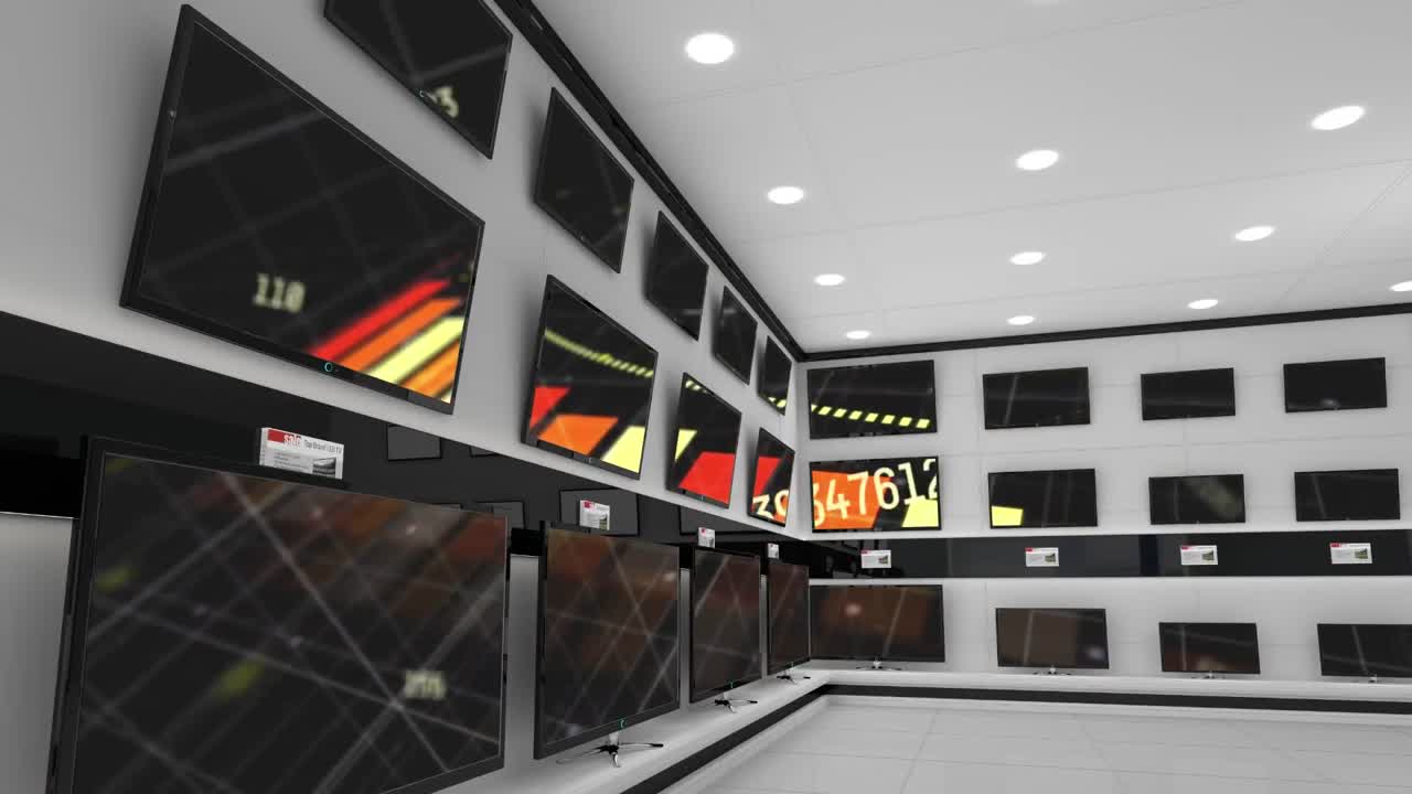Animation of graph and data processing displayed across multiple flat screen tvs in shop display