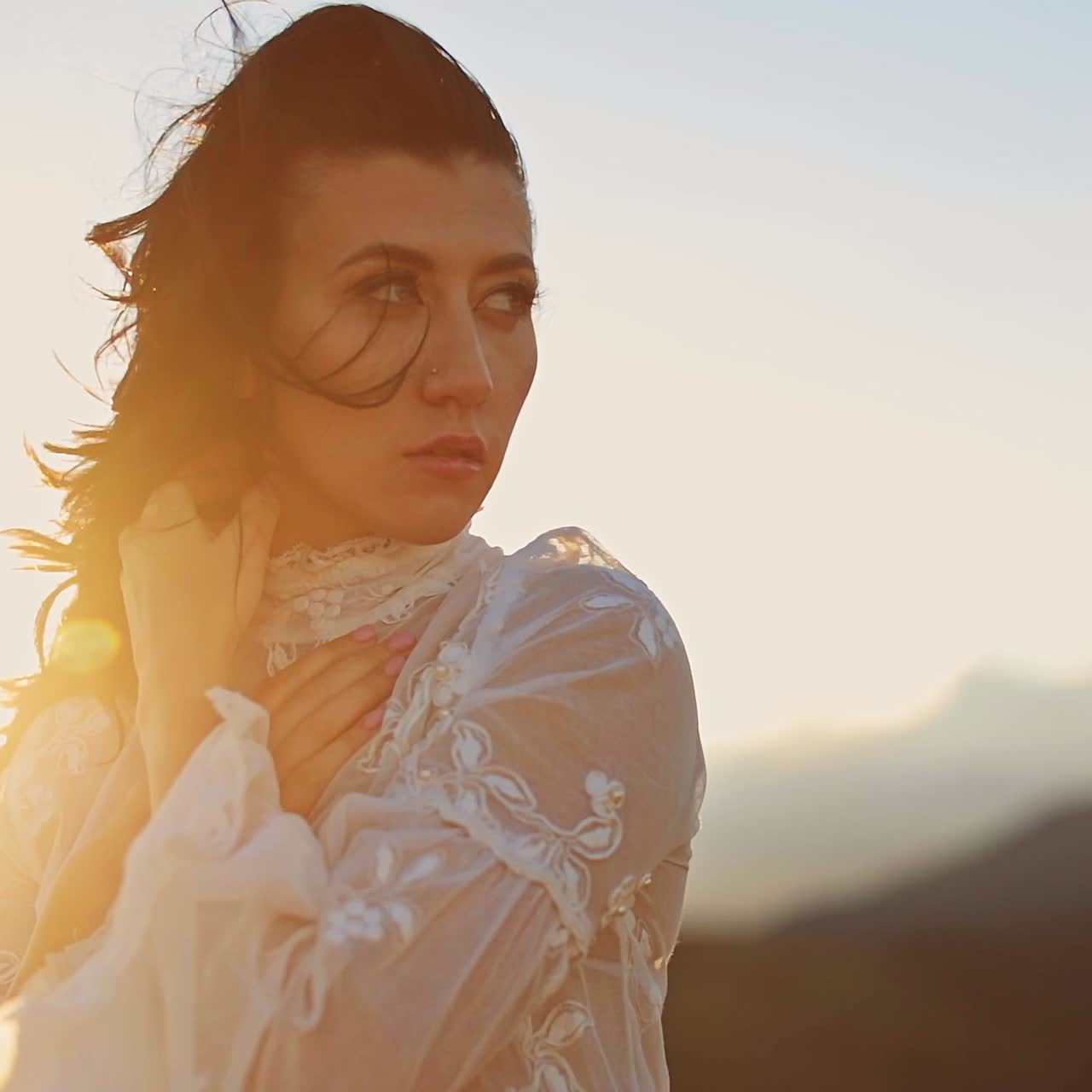 Portrait of pretty young lady on nature landscapes. Cheerful woman feel freedom