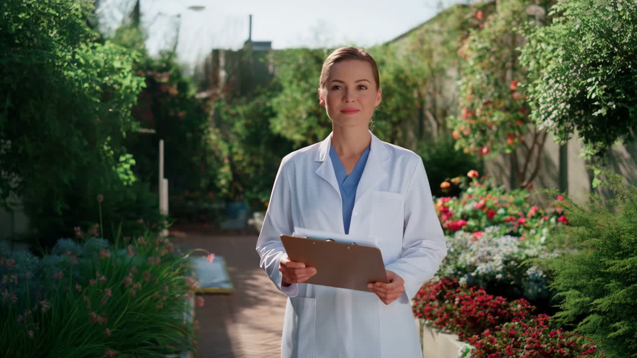 Médica de jaleco de pé em um jardim exuberante.