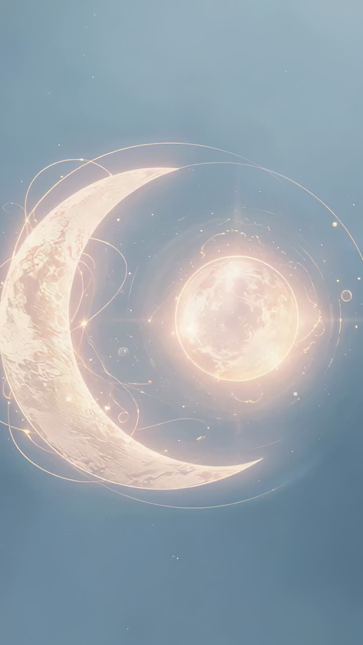 Vertical video: Filaments sparking orb pulsing, lighting crescent in blue sky forming rings, sparks