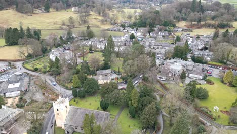 4k-video-of-the-Lake-District-National-Park-cinematic-drone-aerial-video-footage-of-Grasmere-vlllage,-probably-Cumbria’s-most-popular-tourist-village
