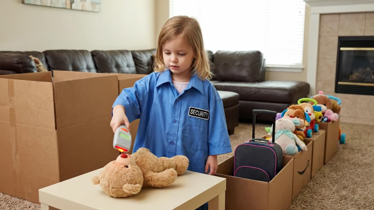 Anak Perempuan Bermain Keamanan dengan Pemindai Mainan dan Boneka Binatang