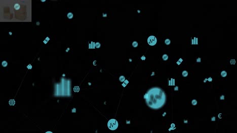 Animation-of-technology-icons-floating-on-black-background