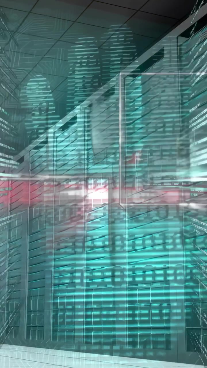 Vertical video: White HUD appearing and sliding right, server racks glowing teal, showing data flow