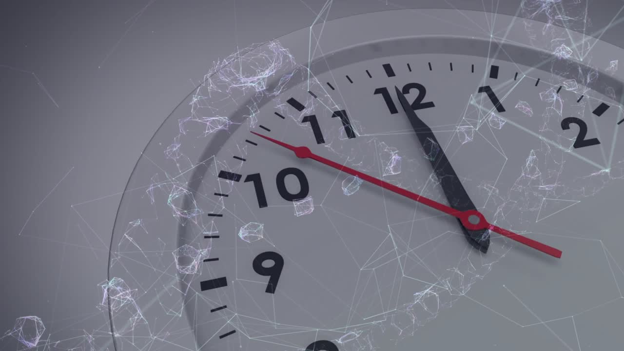 Analog clock showing 9 to 2, black hands with red second hand sweeping over digital network