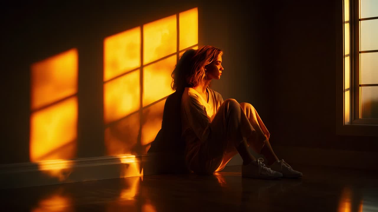 A moment of contemplation as warm golden sunlight casts striking shadows, highlighting the serene presence and introspective nature through the window's framing