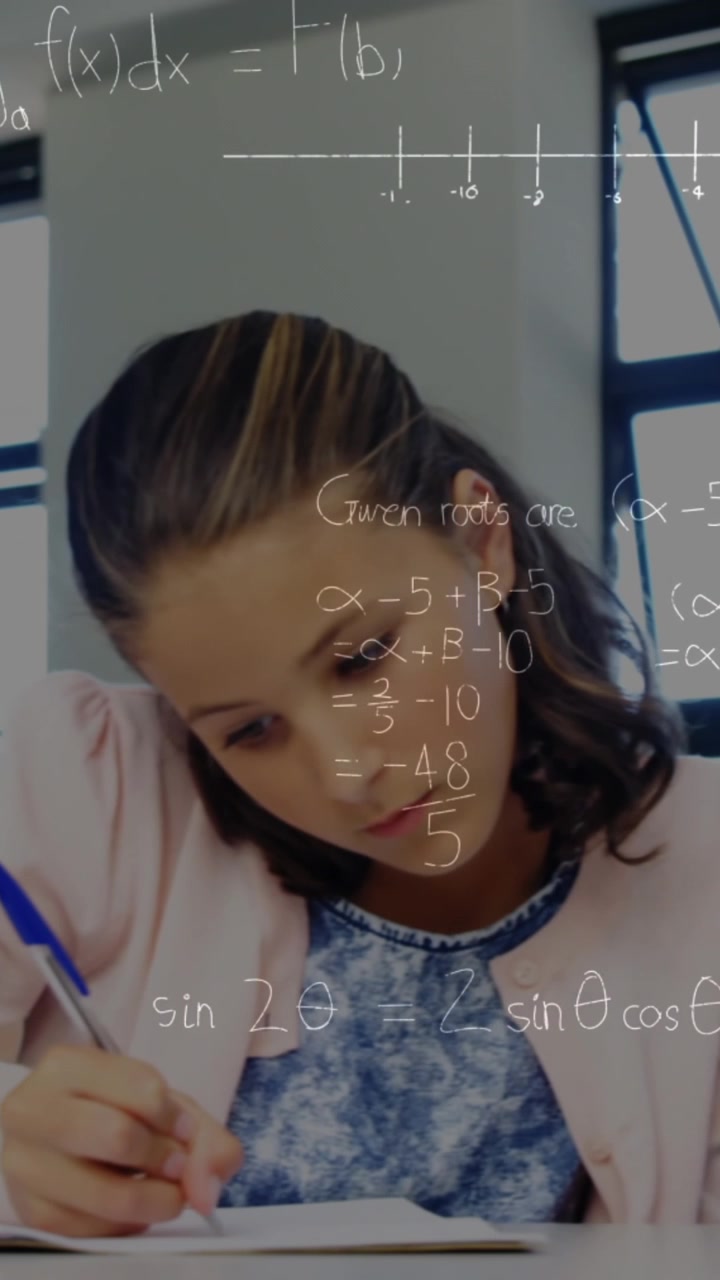 Animation of math formulas moving over class of diverse pupils during lessons