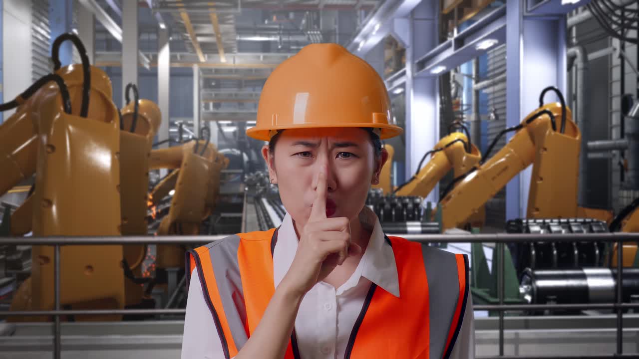 Close Up Of Asian Female Engineer With Safety Helmet Making Shh Gesture While Standing With Industrial Robotic Arms Working