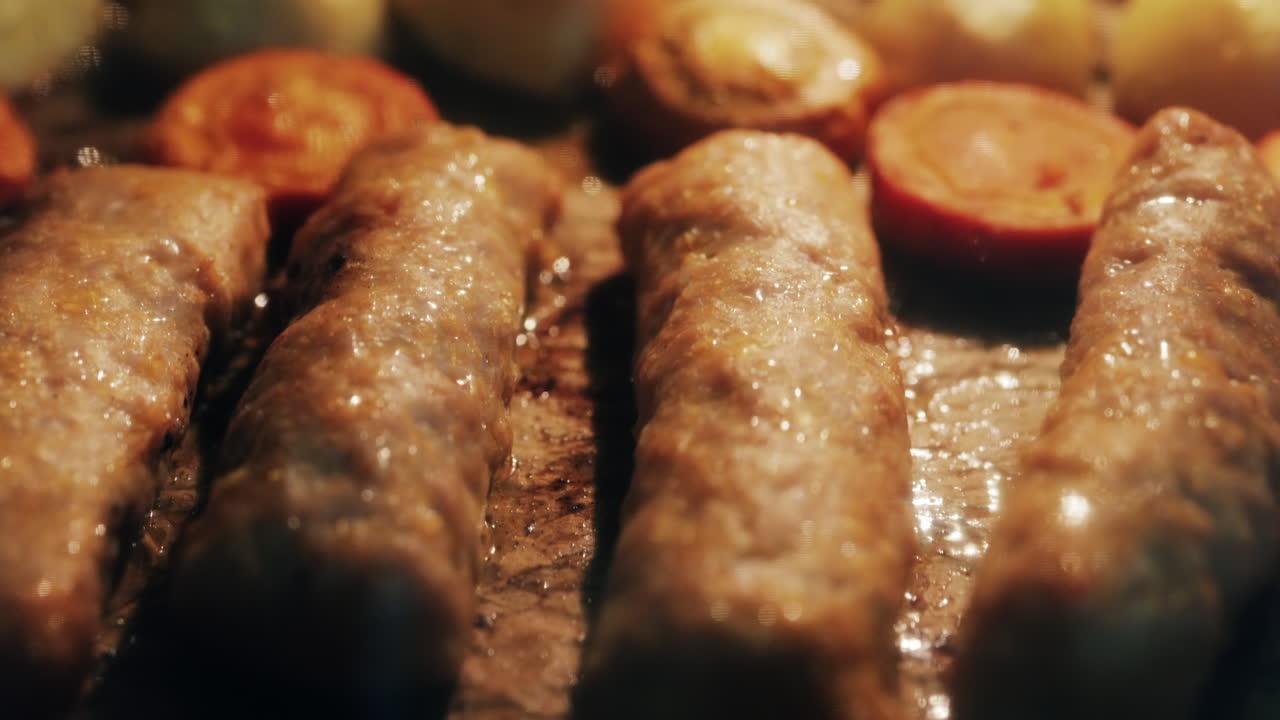 Juicy meat rolls grilling in the oven alongside carrots and potatoes, sizzling in high heat