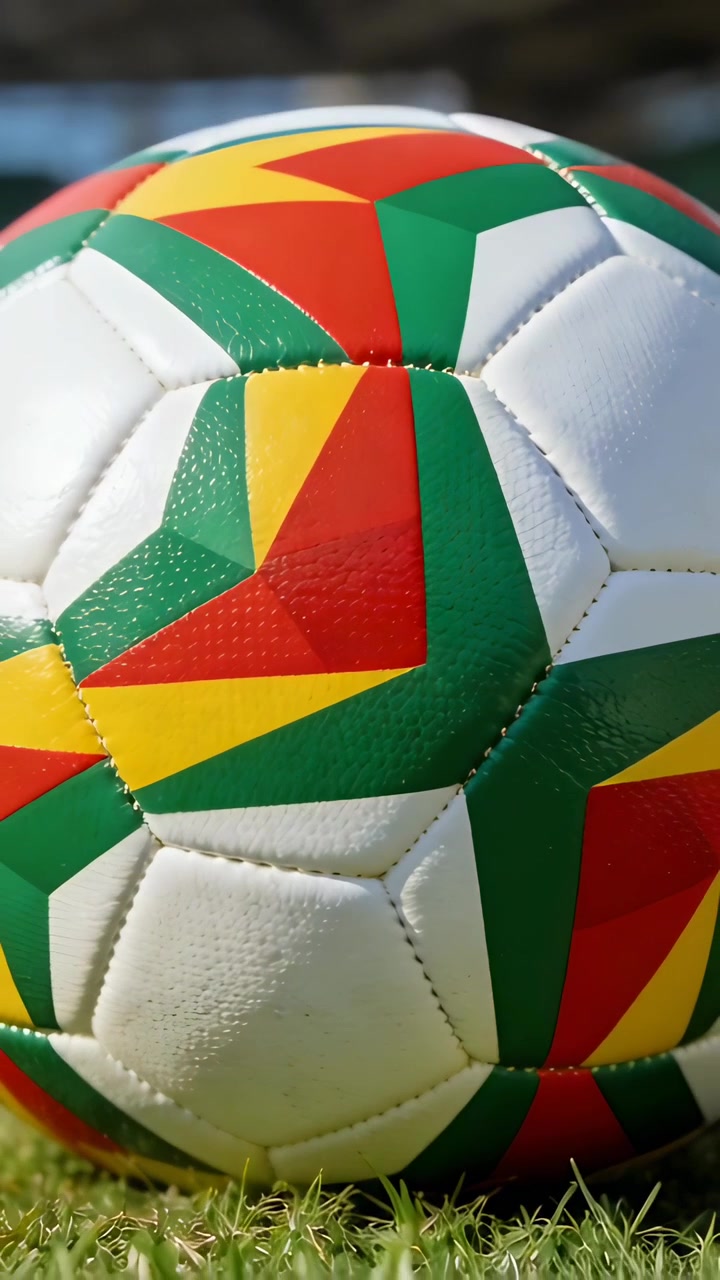 Video verticale: Primo piano ravvicinato della telecamera su un pallone da calcio a motivi su erba corta, che mostra le cuciture.
