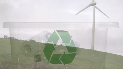 animation of green recycling sign over box with plastic boxes and wind turbine