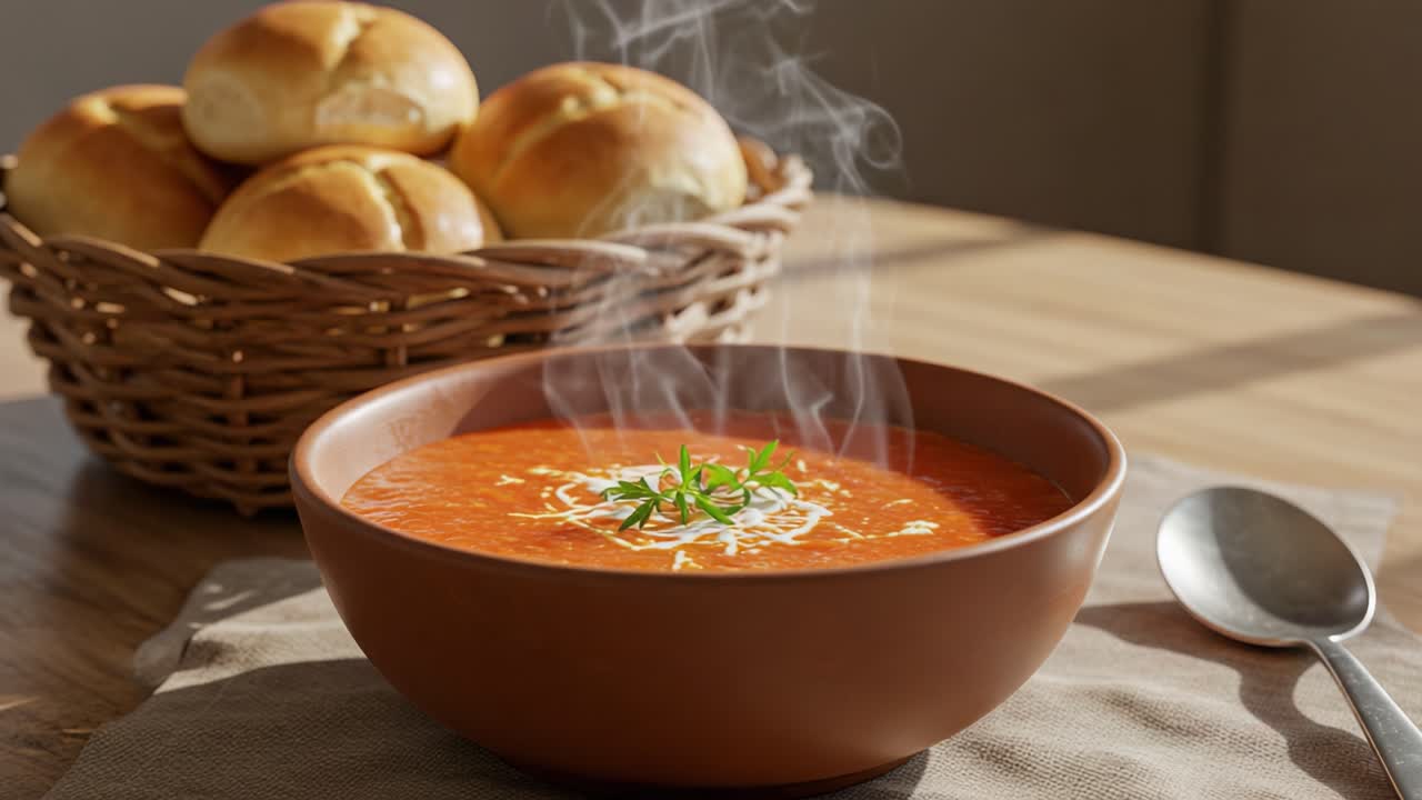 A Delicious Bowl of Steaming Tomato Soup Served with Freshly Baked Rolls, Perfectly Complementing the Warm and Comforting Meal Setting