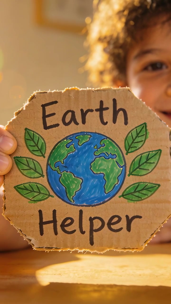 Video vertical: Tras un acercamiento de lente, levantando un cartel de "Ayudante de la Tierra" para mostrar un mensaje, niño centrándose en casa