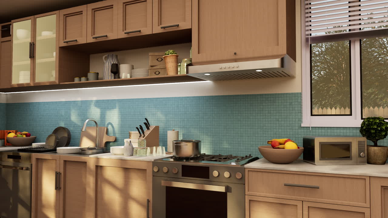 Fresh fruits and cutlery on wooden kitchen counter next to appliances
