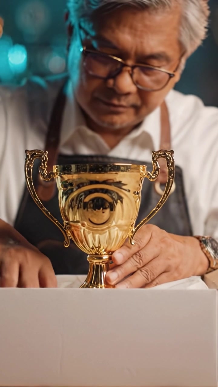 La celebrazione di un esperto: un momento gioioso catturato con un trofeo scintillante che riflette anni di dedizione e successi in un'atmosfera perfettamente allestita.