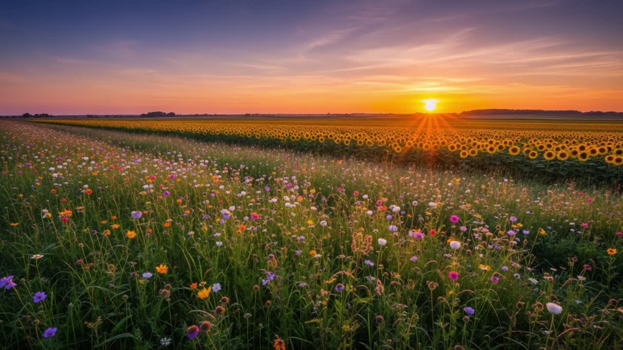A Vibrant Sunrise Over a Blooming Field of Wildflowers and Sunflowers, Showcasing Nature's Beauty and the Splendor of a New Day