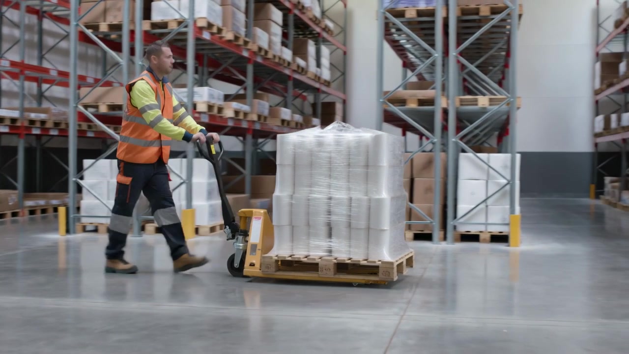 Operaio di magazzino con abbigliamento ad alta visibilità che entra da sinistra spingendo un transpallet carico in un corridoio, preparandosi alla consegna.