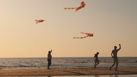 a young family actively spends time together - they play kites