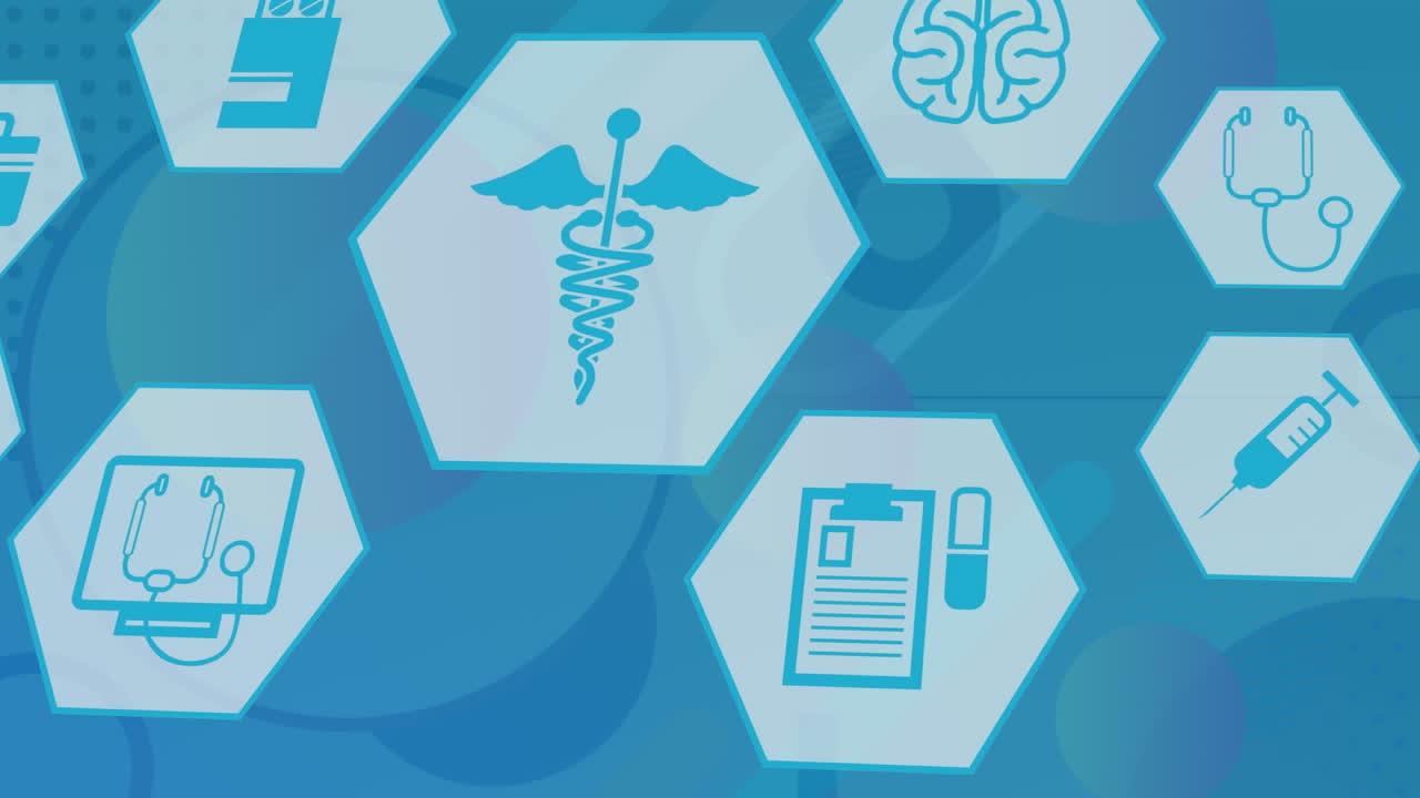 animación de iconos médicos y procesamiento de datos sobre fondo azul