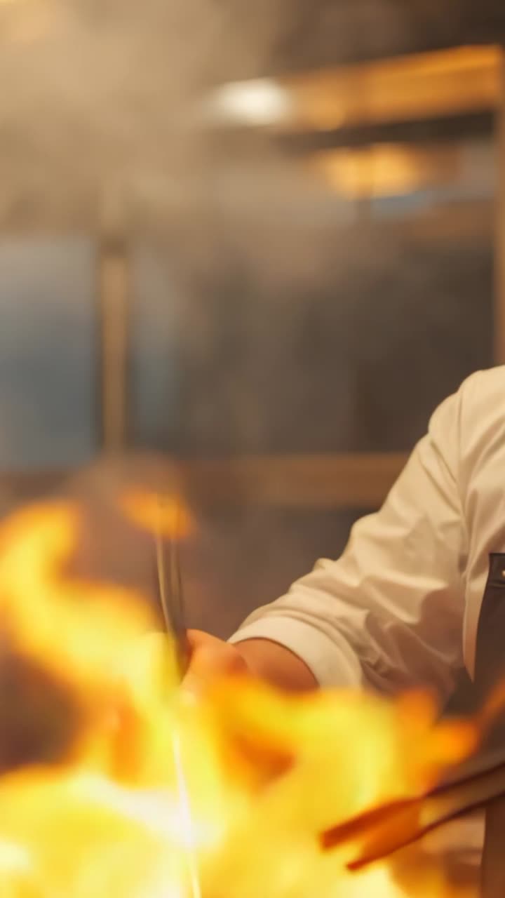 Video verticale: chef in camice bianco che lancia verdure in un wok fiammeggiante alla postazione di cucina, con le pinze