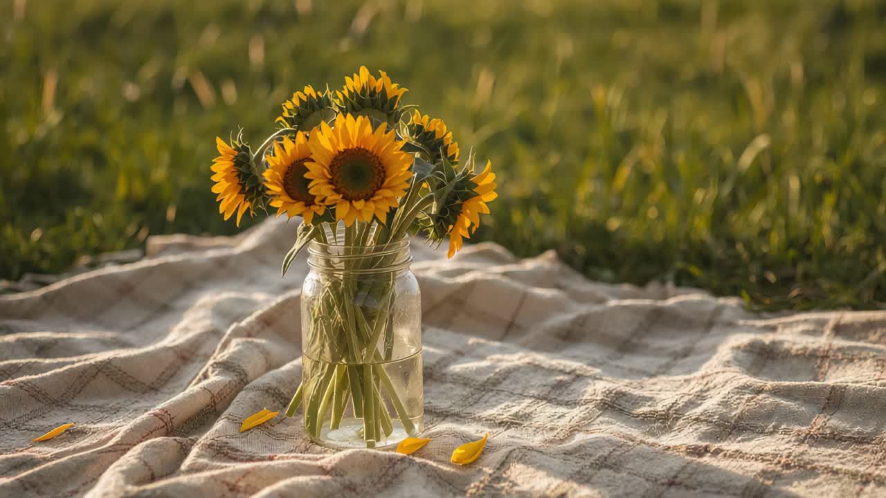 Sunflowers in a mason jar on a picnic blanket