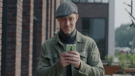 man looking at smartphone on city street