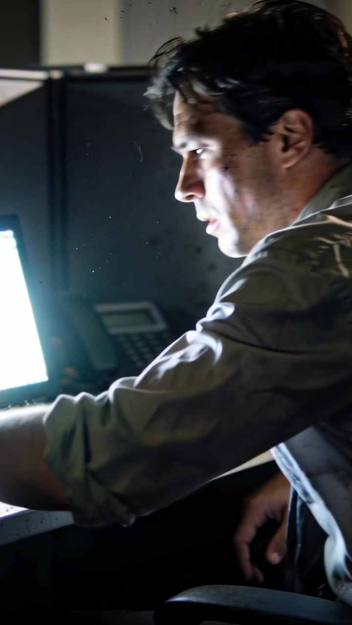 Video verticale: Schermo luminoso che attira un uomo con le maniche arrotolate che prende dei documenti nel cubicolo, con spazio per il testo.