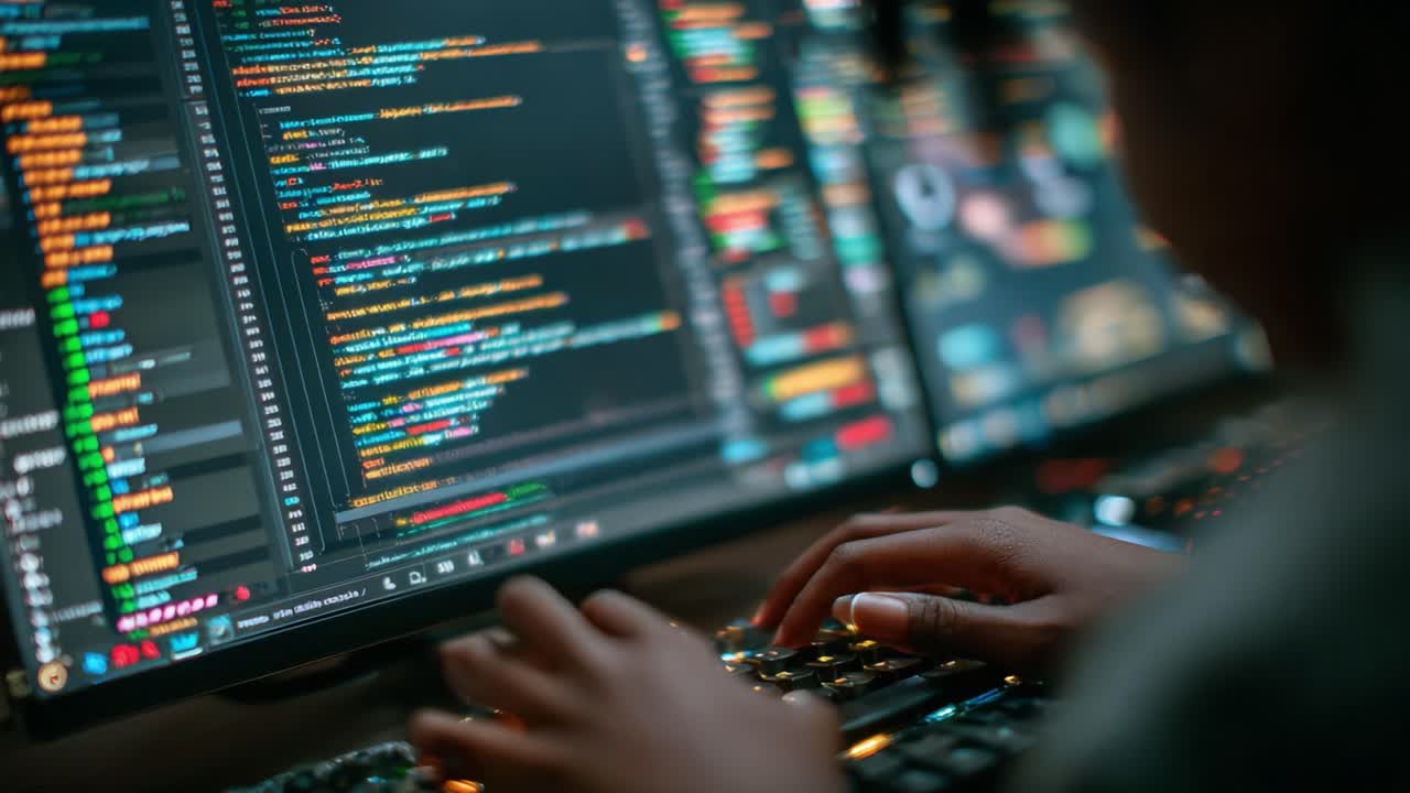 In-depth Programming Session: A Person Coding Vigorously on Dual Monitors Filled with Colorful Code and Data Analysis, Showcasing the Power of Modern Technology