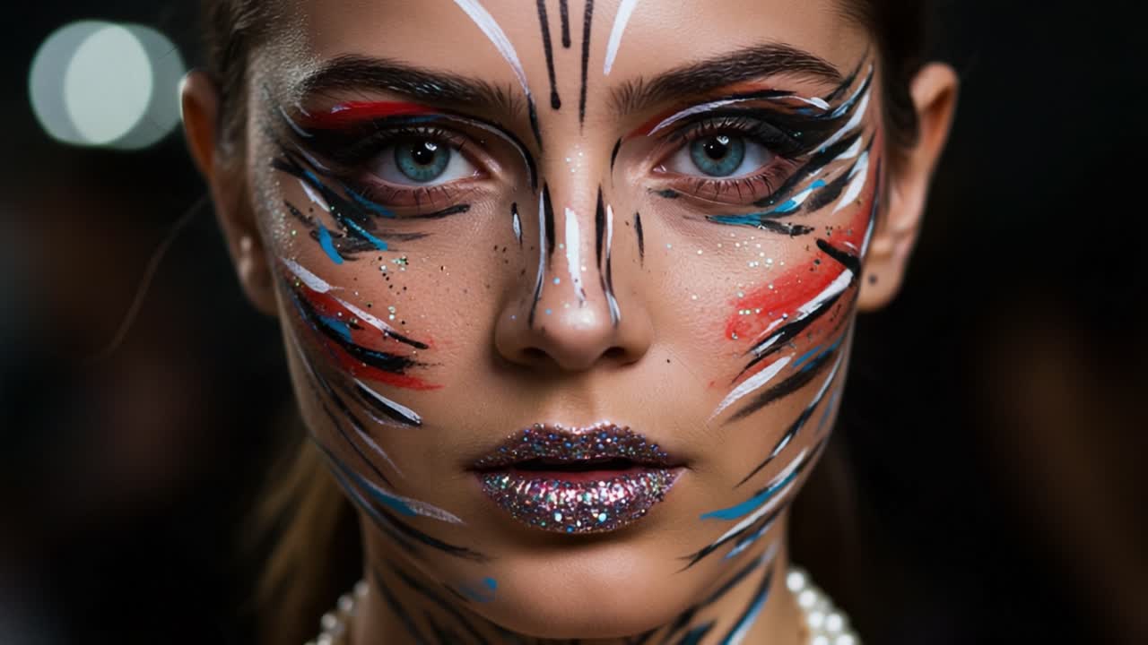 Stunning Transformation: A Close-Up of a Model with Intricate Face Art and Glittery Lips Showcasing Bold Colors and Unique Patterns in Fashion Makeup