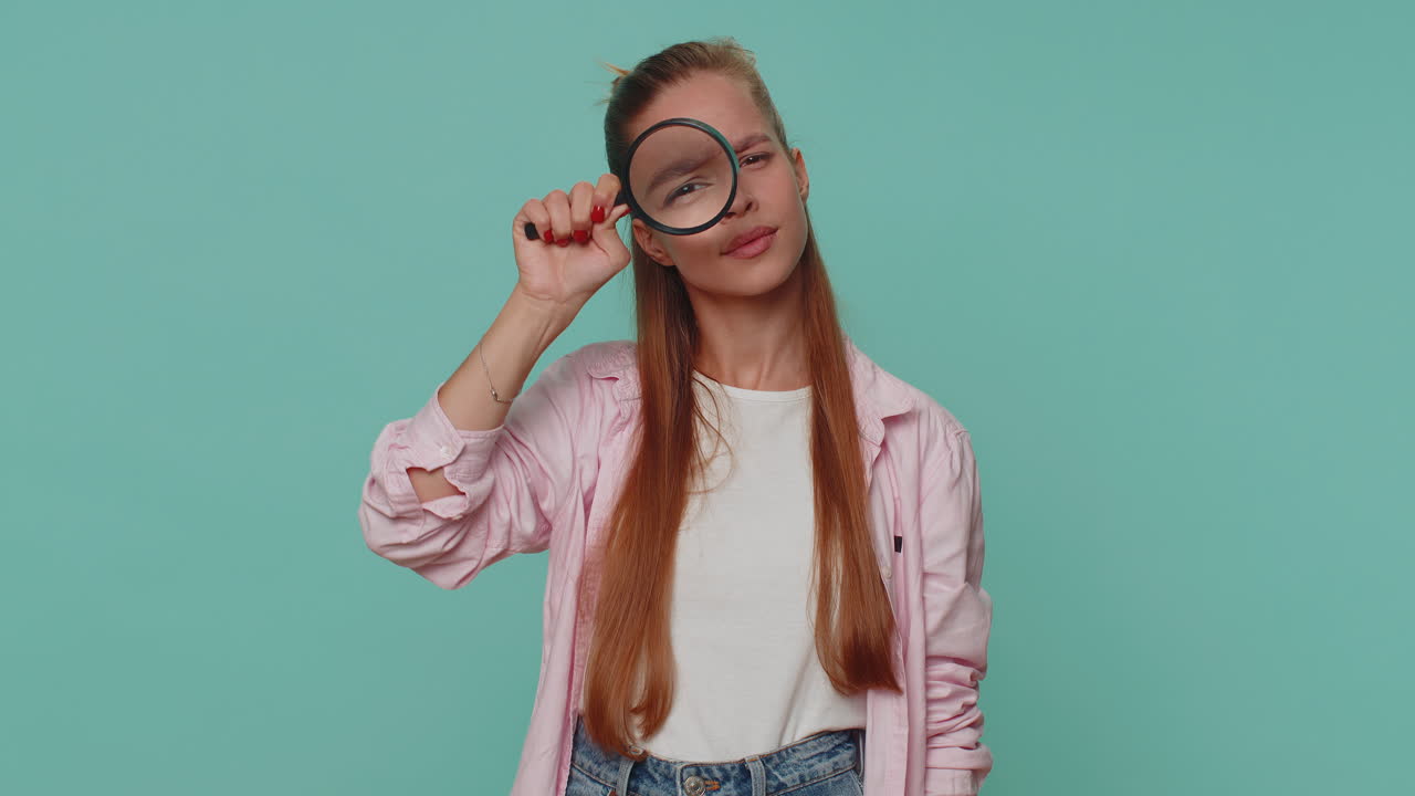 investigadora científica chica sosteniendo una lupa cerca de la cara, mirando a la cámara con un gran ojo zoomado